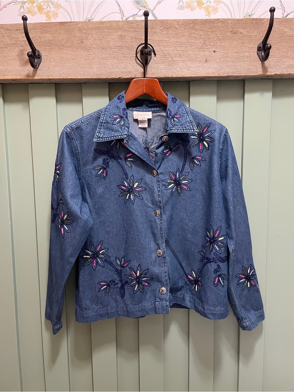 Studio Works Embroidered Blue Denim Shirt / Jacket with Floral Embroidery Vint S